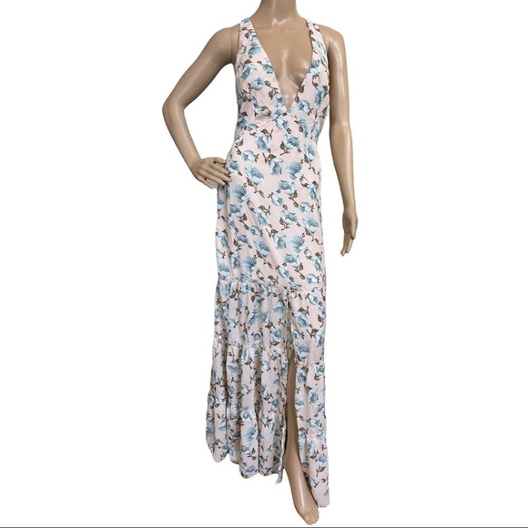 SOIEBLU WOMEN’S MAXI SLIT FLORAL RUFFLE HALTER V NECK PINK DRESS SIZE L - Picture 10 of 13